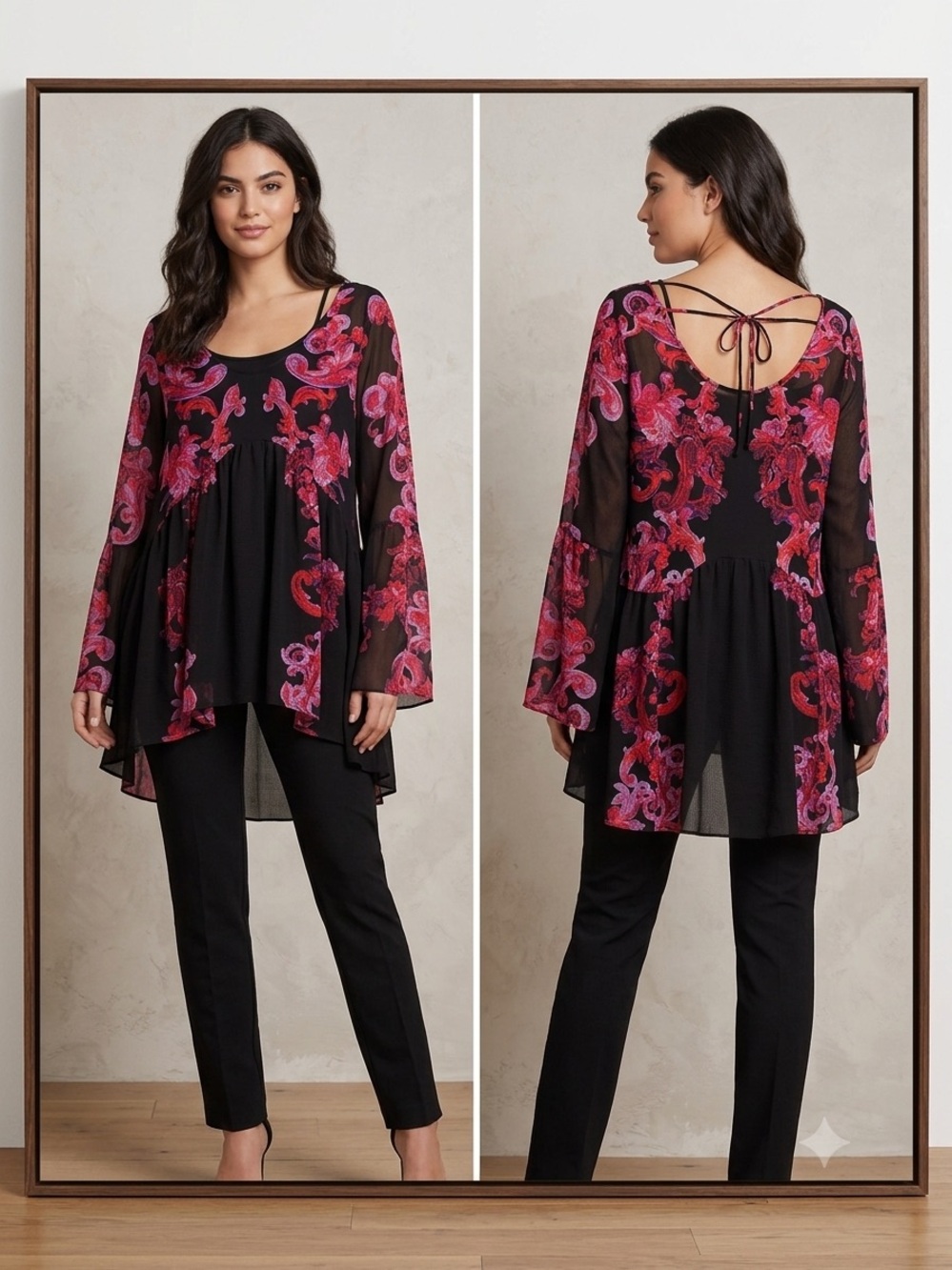 Urban Outfitters Black Tunic with Pink & Red Paisley Floral